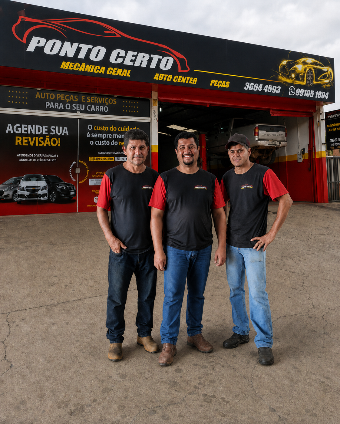 Sócios do Ponto Certo Auto Center em frente à oficina em Araxá